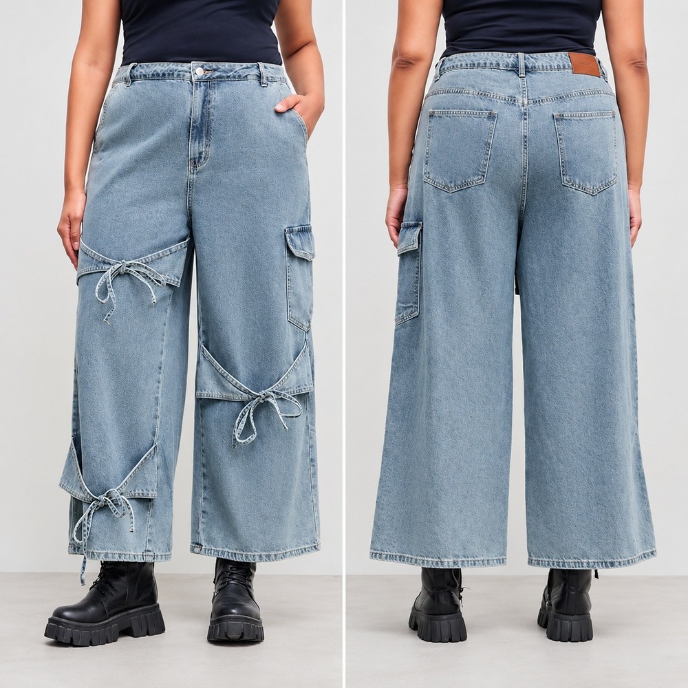 Cider Bow Knot Baggy Wide Leg Cargo Jeans Plus 2XL Blue Light Wash Utility Y2K